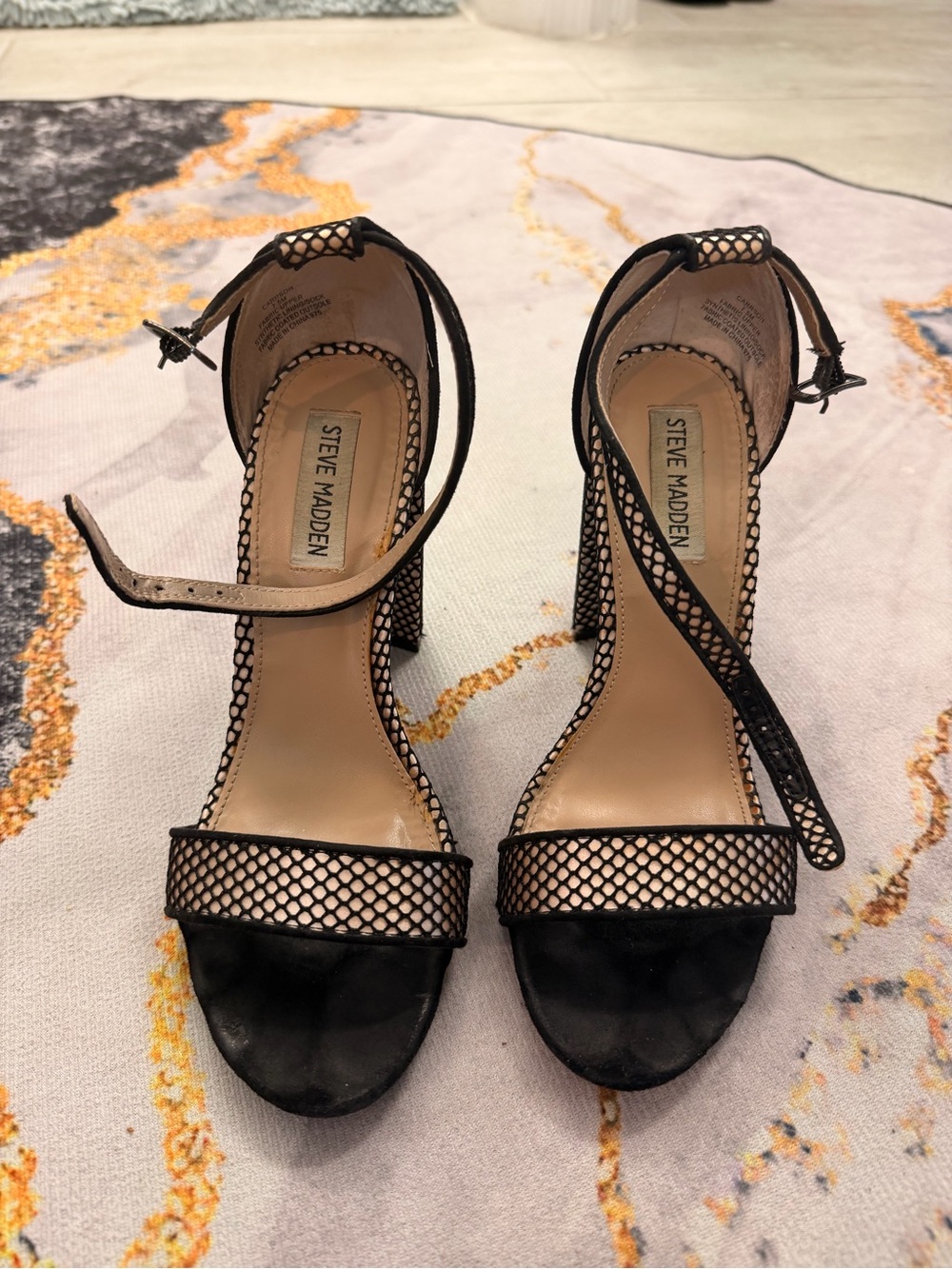 Steve Madden Black Mesh Ankle-Strap Block Heels